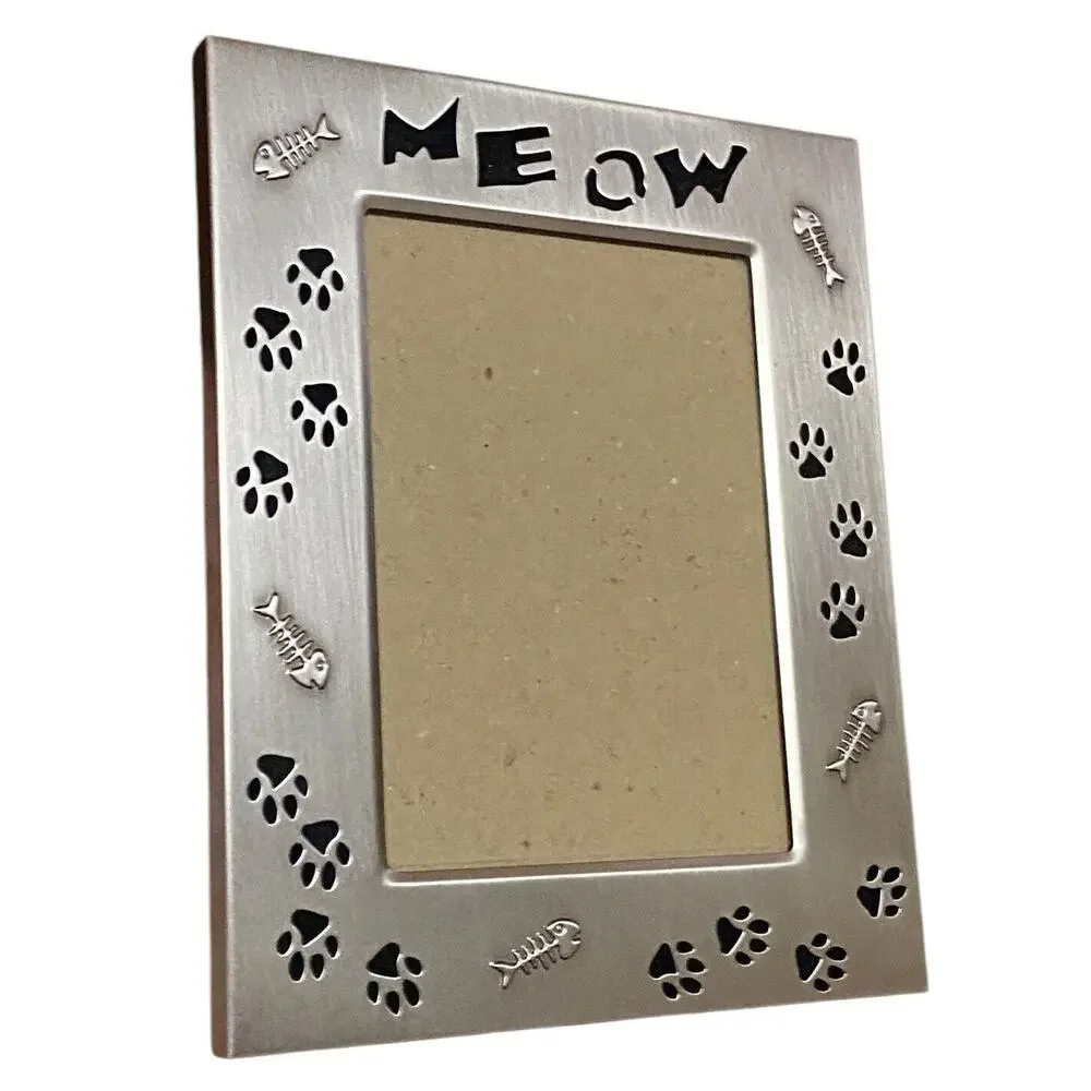 Vtg Cat Photo Picture Frame Brushed Silver Metal Meow Paw Print Fish Bones Pet